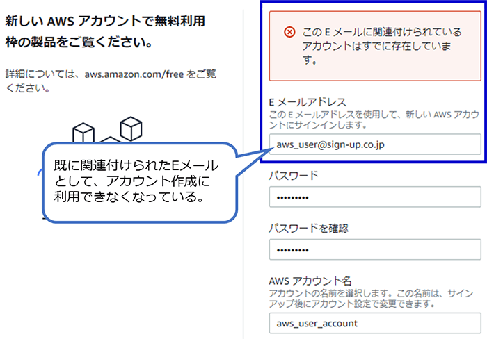 既に関連付けられたEメールとして、アカウント作成に利用できなくなっている。