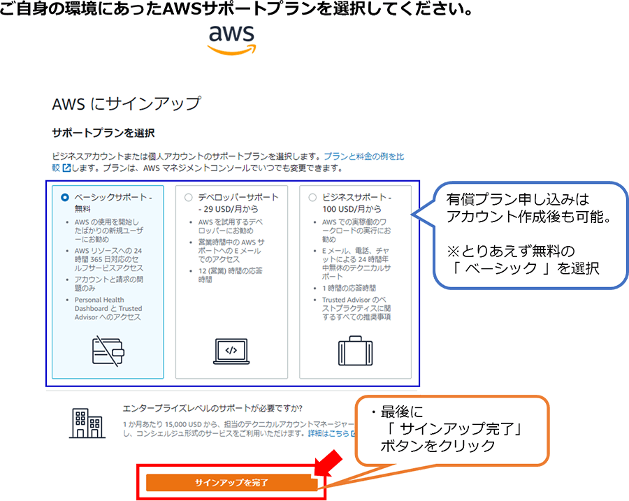 ご自身の環境にあったAWSサポートプランを選択してください。 有償プラン申し込みはアカウント作成後も可能 ※とりあえず無料の「ベーシック」を選択 最後に「サインアップ完了」ボタンをクリック