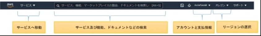 サービスタブは、各サービスへ移動できる機能。検索窓は、サービス、機能、ドキュメントなどを検索できる機能。アカウントタブは、自身のアカウント・支払い情報を確認できる機能。オレゴンと記載しているタブは、リージョンを選択できる機能。